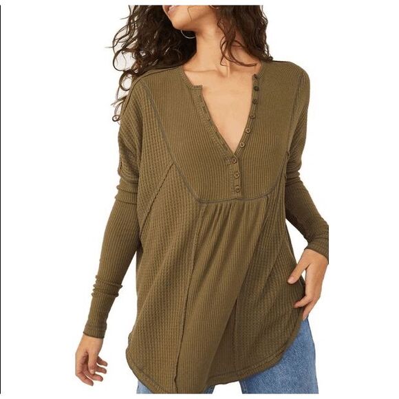 Free People Women's Leo Henley Tee Army Green size Medium - Picture 1 of 9